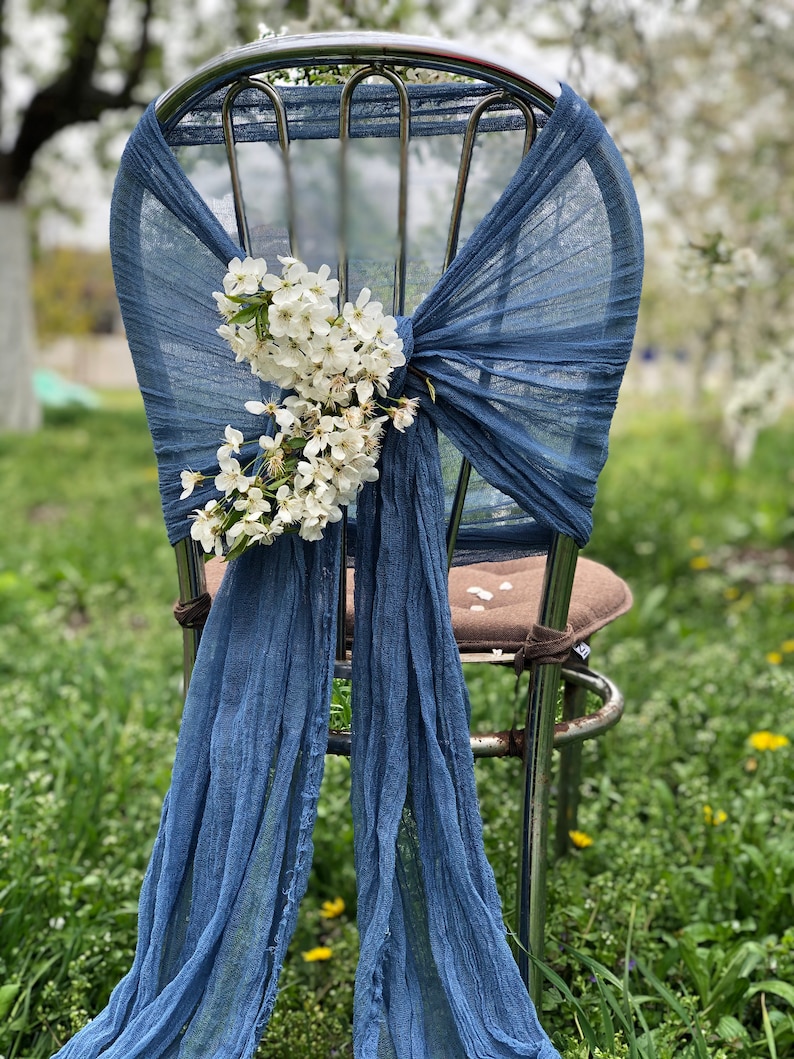 Classic Blue Chair Sash Cheesecloth Any Color Boho Wedding Decor Chair Cover Pew Bows Gauze Chiavari Cover Rustic Gauze Sashes Sand Ceremony Bild 6