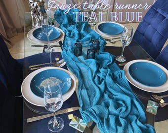 Teal Blue Wedding Gauze Table Decor Cheese cloth Runner Hand Dyed Cotton Fabric Bridal Shower Runner Boho Wedding Centerpiece Neutral Decor