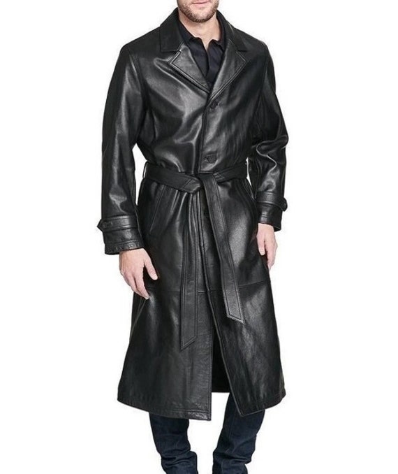 Abrigo largo de cuero genuino negro para hombre con cinturón, gabardina de  cuero de piel de cordero real para hombre, abrigo largo de cuero negro -   México