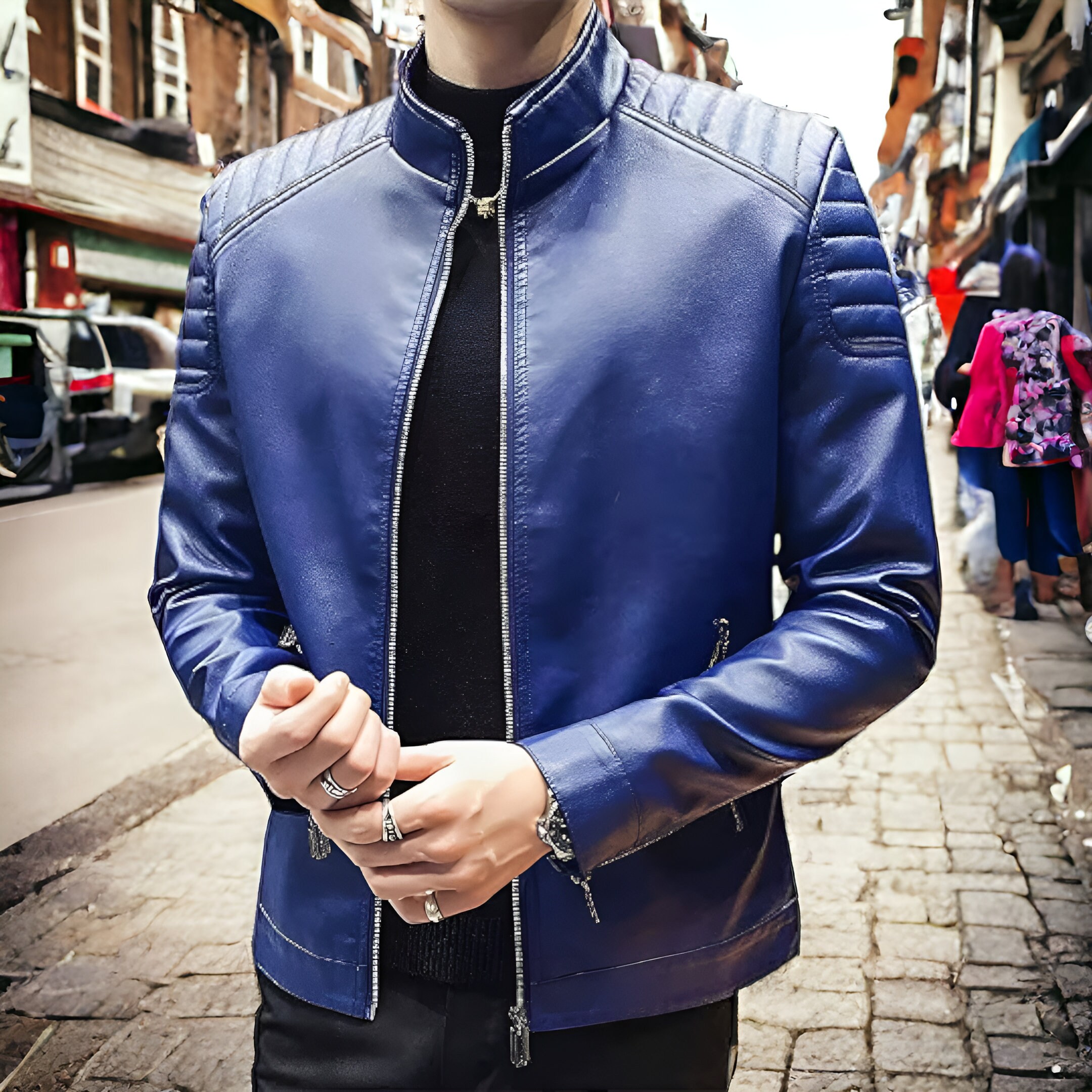 Mens Quilted Blue Leather Motorcycle Jacket
