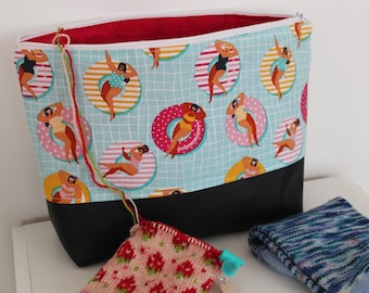 Summer Cotton Knitting Project Bag: Faux Leather Travel Tote