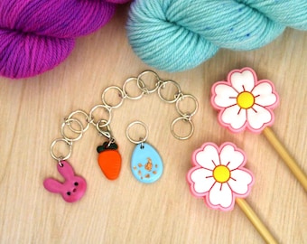 Handmade Polymer Clay Stitch Markers – Easter Bunny, Carrot, Egg Charms – Knitting Accessories