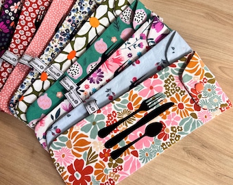 Pochette à couverts - Pochette à couverts en coton réutilisable - Porte-ustensiles de voyage fait main - Étui à couverts respectueux de l'environnement