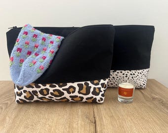 Handmade Cotton & Faux Leather Toiletry Bag - Knitting Project Bag
