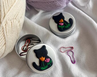 Black Cat Knitting Marker Ring Box: Metal Crochet Storage
