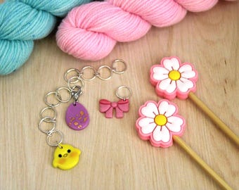 Handmade Polymer Clay Stitch Markers – Easter Chick, Egg, Bow Charms – Knitting Accessories