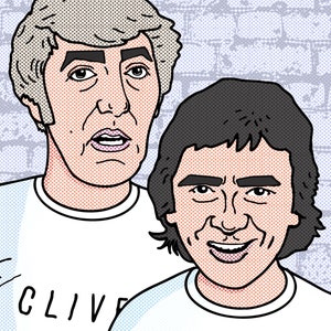 May include: Pop art style illustration of two men in white t-shirts. The man on the left has gray hair and the name "CLIVE" on his shirt. The man on the right has dark hair and the name "DEREK" on his shirt. The background is a light blue brick wall.