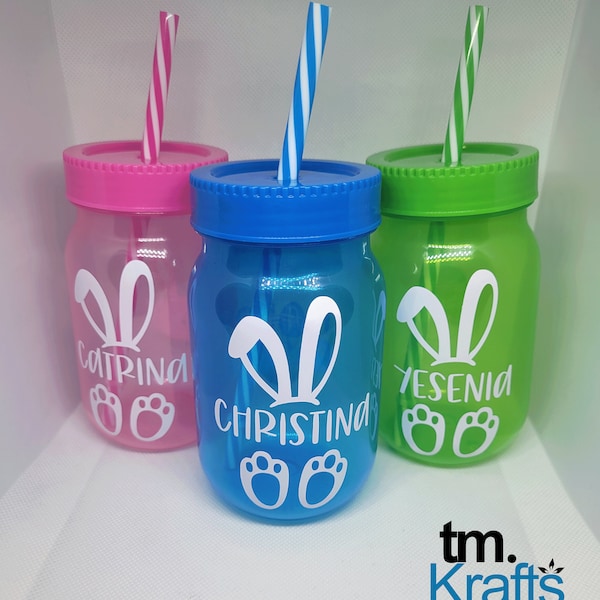 Mason Jar, Personalized, Easter / Plastic 16oz with lid and straw / Pink / Blue / Green / Custom / Bunny /