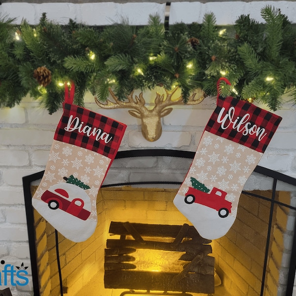 Personalized Name Stocking, 16.25" x 8.5" Stocking, Camper, Truck, Red, Polyester, Holiday Gift, Personal Gift, Customization