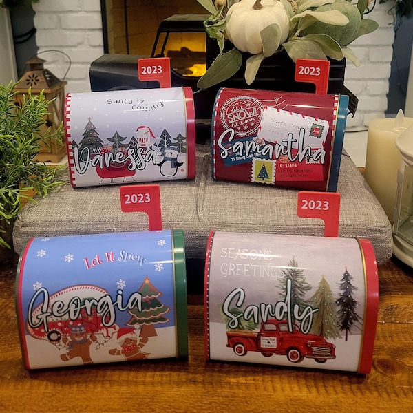 Christmas Mini Mailbox Tin Boxes with Current Year on Flag / Party Favors / Gift Card Holder