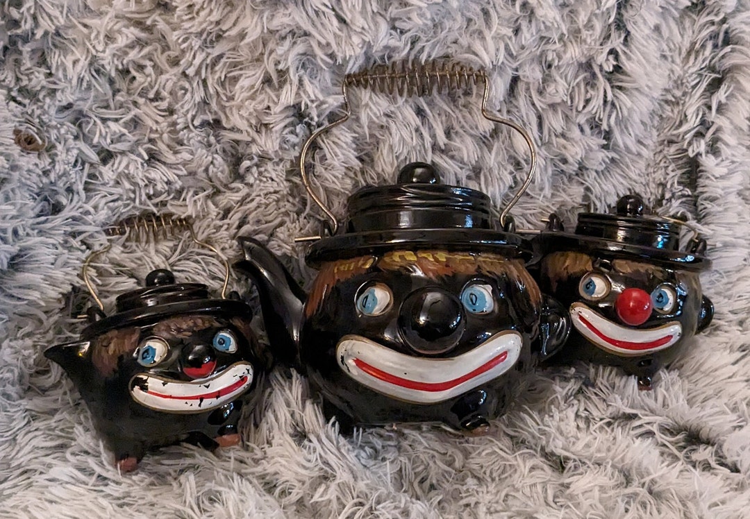 Thames 1940s Vintage Ceramic Black Clown Face Teapot Set With Sugar
