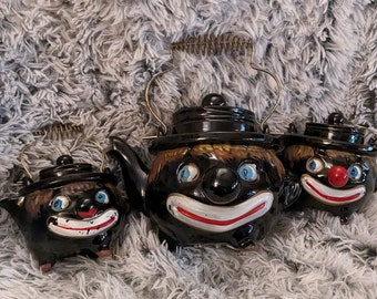 Thames 1940s Vintage Ceramic Black Clown Face Teapot Set with Sugar Bowl and Creamer Pitcher - Mid Century Pottery