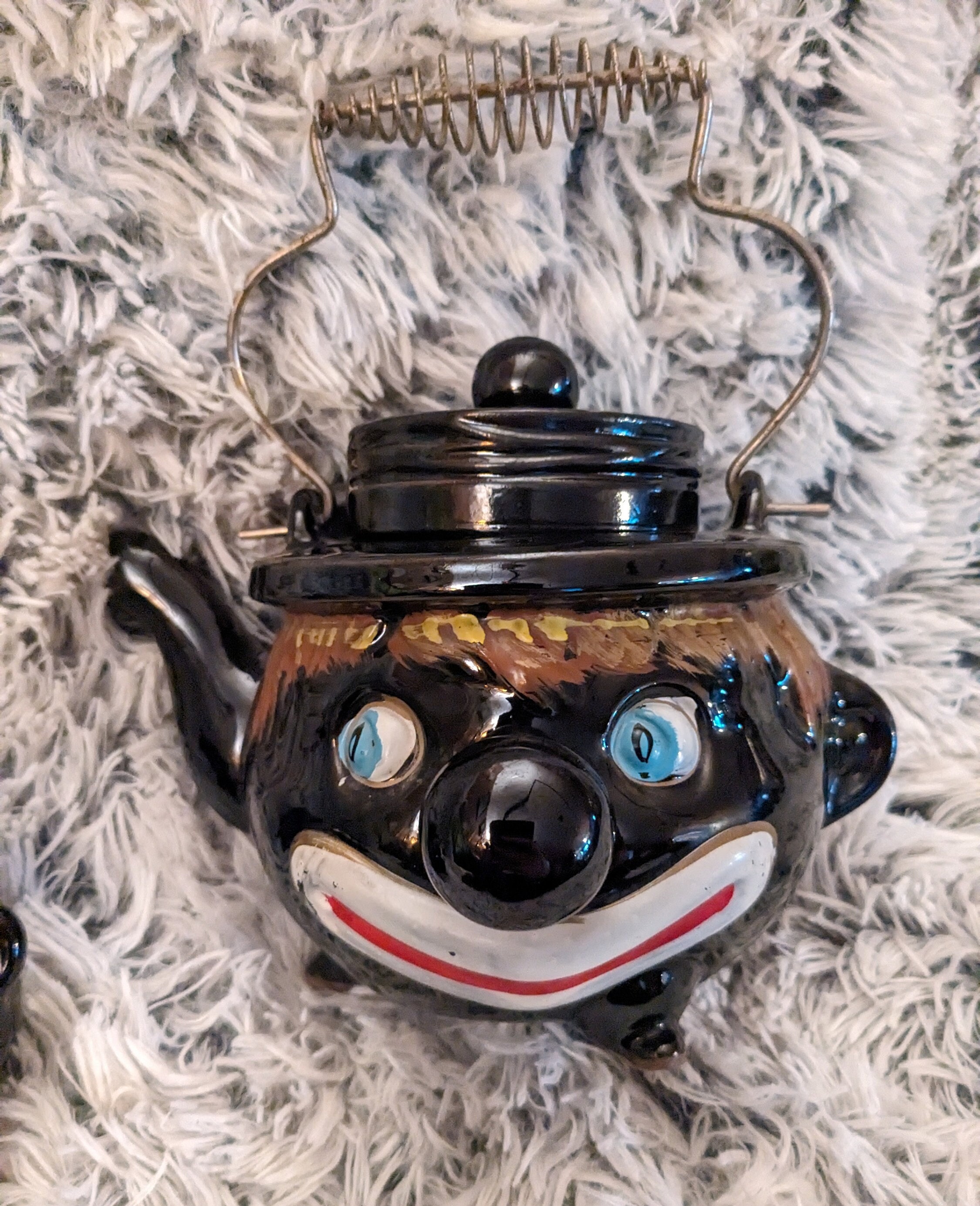 Thames 1940s Vintage Ceramic Black Clown Face Teapot Set With Sugar