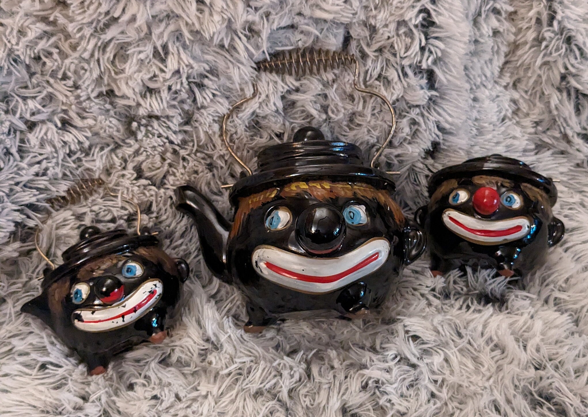 Thames 1940s Vintage Ceramic Black Clown Face Teapot Set With Sugar