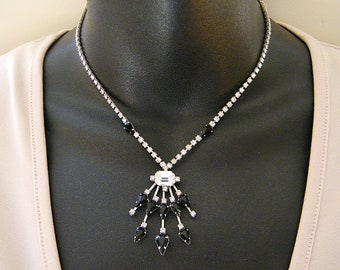 Jay Flex Sterling Silver Necklace with Clear and Black Crystals Vintage Art Deco Style Necklace