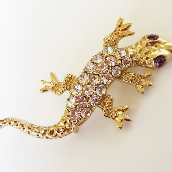 Sarah Cov Lizard Brooch or Pin in Gold Tone and Rhinestones, Vintage Lizard or Gecko Brooch or Pin