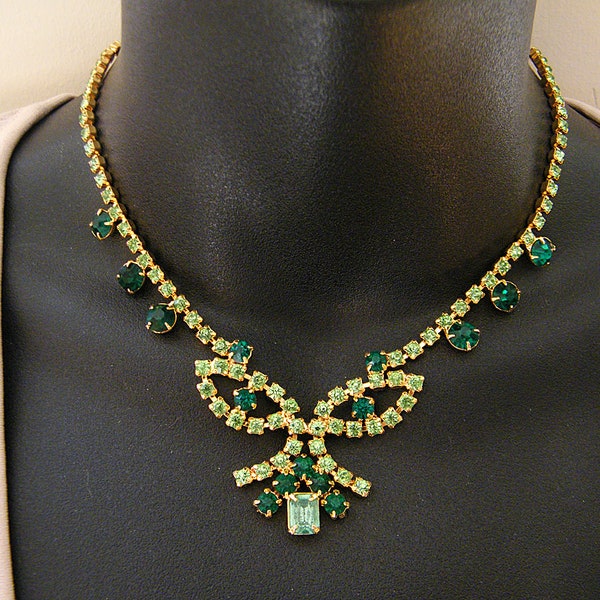 Continental Rhinestones Necklace in Gold Tone and Green Crystals, Vintage Signed Continental Art Deco Style Necklace