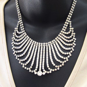 Vintage Waterfall Necklace in Silver Tone and Clear Crystals BIB Design