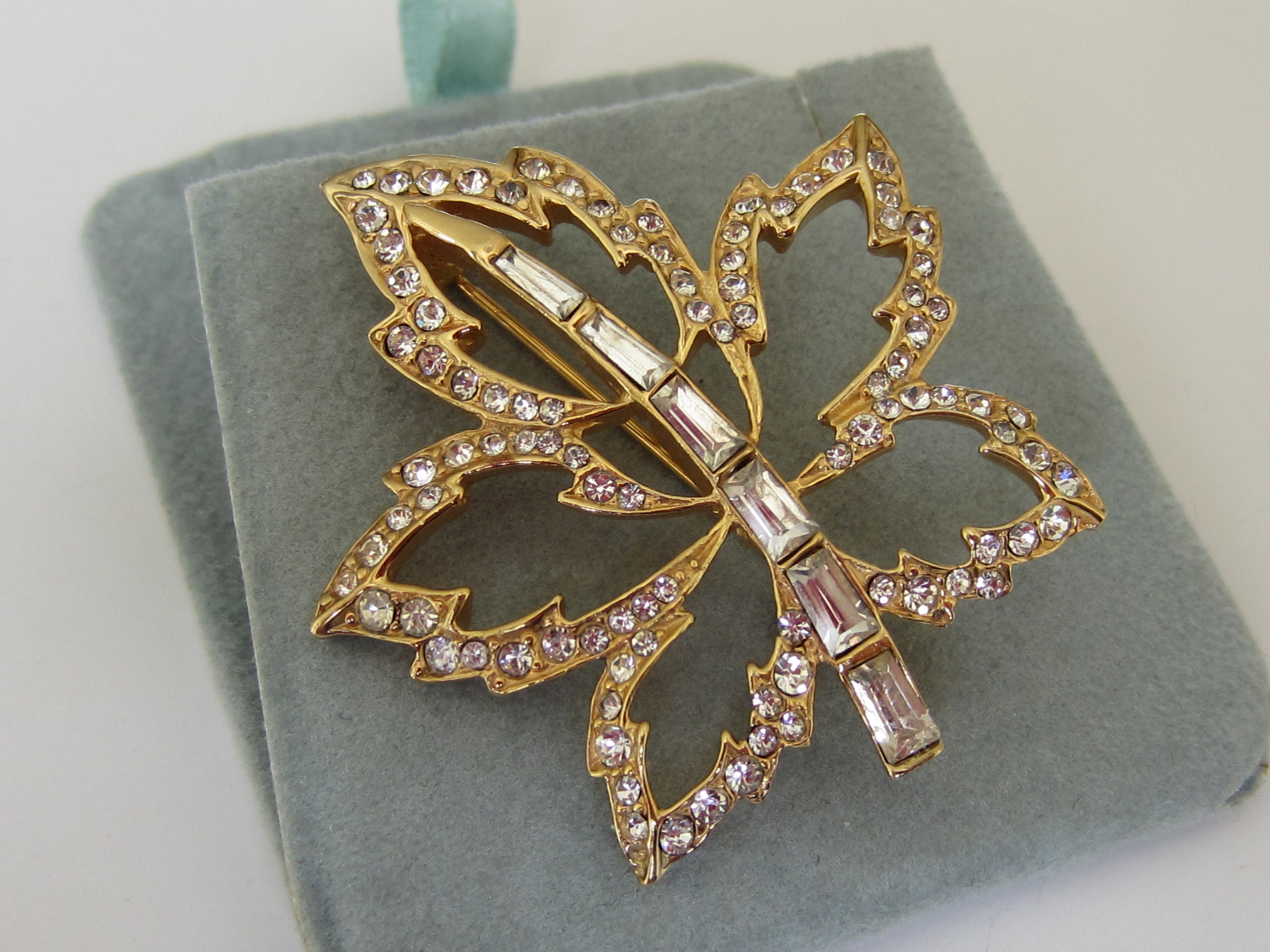 Boucher Brooch Maple Leaf Gold Tone Brooch Pin with Pave Crystals Vintage Signed Boucher Brooch