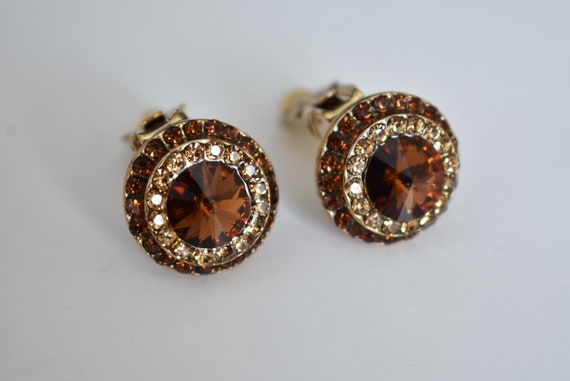 Topaz Color Rivoli Crystals Earrings in Gold Tone… - image 2