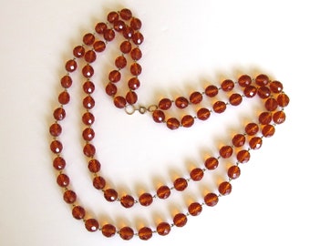 Czech Glass Beads Necklace in Topaz Color Vintage 2 Strand Faceted Czechoslovakia Glass Beads Necklace