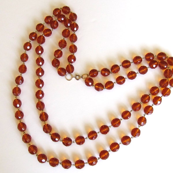 Czech Glass Beads Necklace in Topaz Color Vintage 2 Strand Faceted Czechoslovakia Glass Beads Necklace