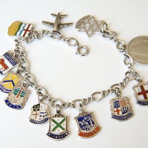 Sterling Silver Travel Charm Bracelet with Travel Shield Charms from England and Canada