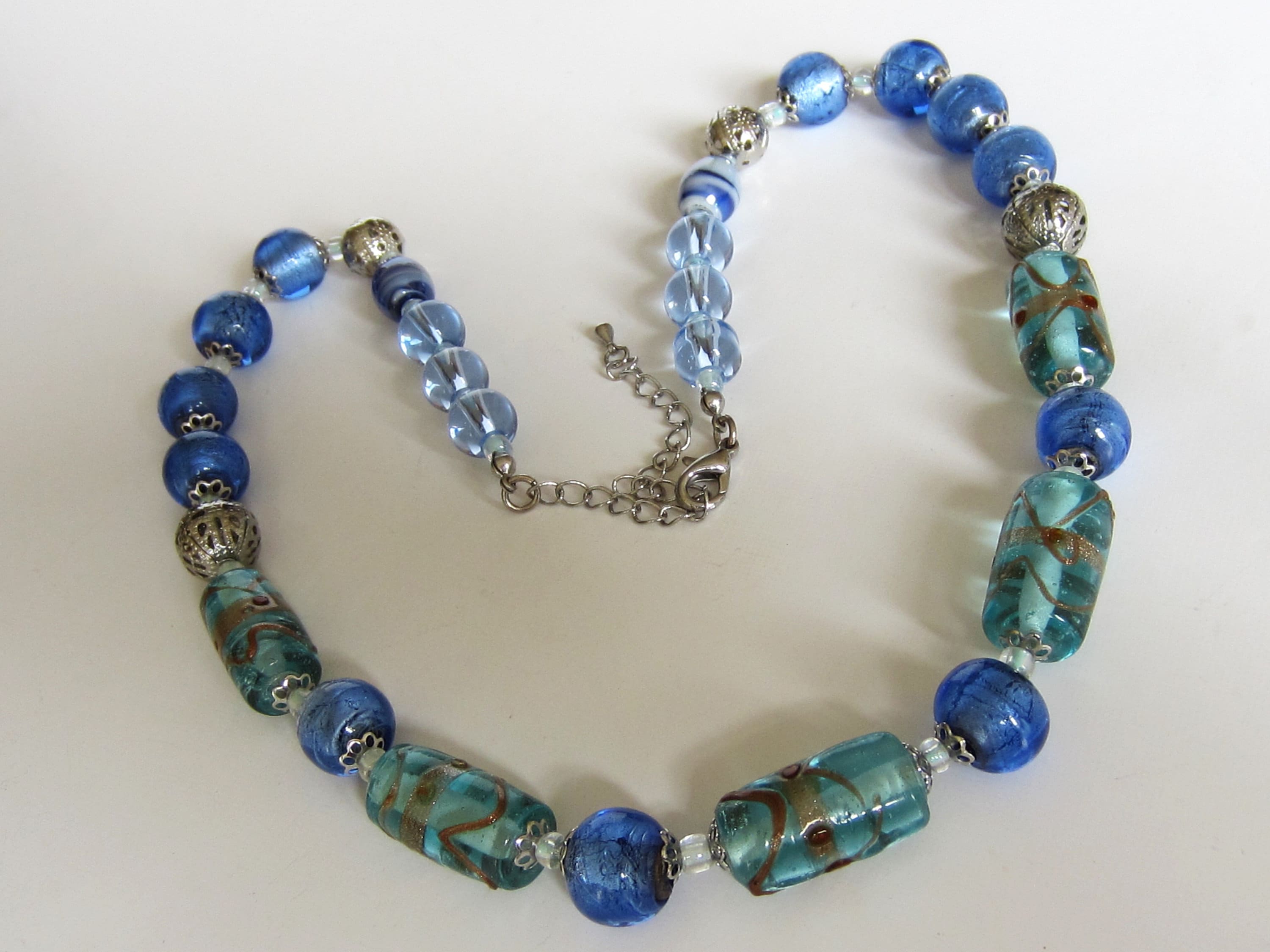 Collier Vintage Perles De Verre De Murano Vertes Avec Feuille D'or - Bijou Ancien En Parfait état