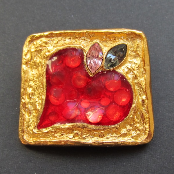 Christian Lacroix Iconic Heart Brooch Gold Tone with Red Enamel and Crystals, Signed Haute Couture Brooch