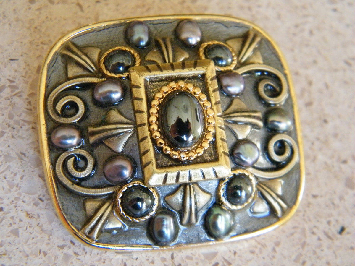 Michal Golan Handmade Pendant or Brooch in Gold Tone With Pearls and Hematite Designer Pendant Etsy