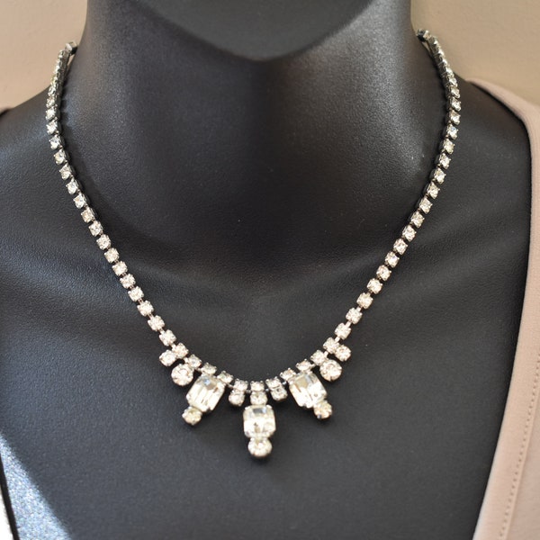 Clear Crystals and Silver Tone Necklace Sherman Quality Vintage Crystal BIB Choker Necklace