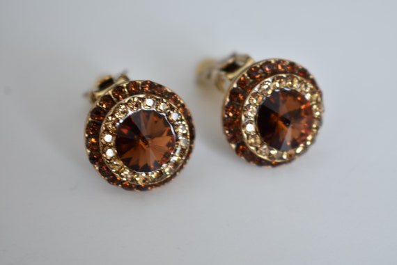 Topaz Color Rivoli Crystals Earrings in Gold Tone… - image 1