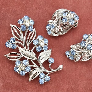 Lisner Brooch and Earrings Set Demi Parure with Light Blue Crystals and Silver Tone Settings