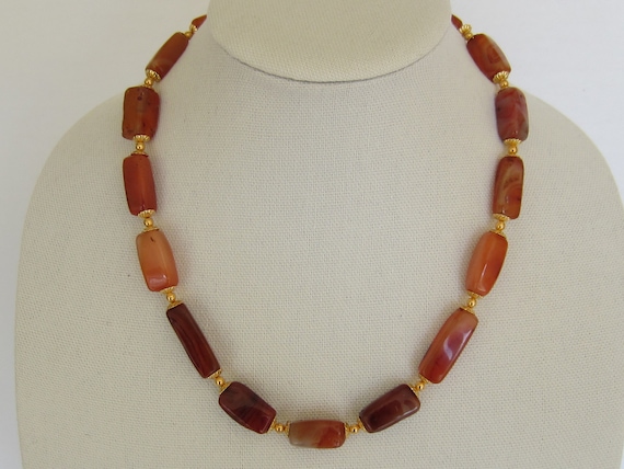 Collier Vintage Perles Cornaline Plaqué Or - Grosses Perles - Occasion