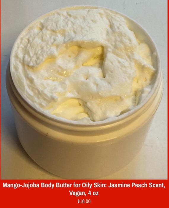 Mango-Jojoba Body Butter for Oily Skin: Jasmine Peach Scent, Vegan, 4 oz