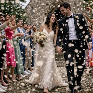 A wedding scene featuring a couple walking through a shower of round white water soluble confetti. WATER SOLUBLE CONFETTI and PERFECT SLOW FLUTTER FOR YOUR CONFETTI SHOT. Biodegradable confetti.
