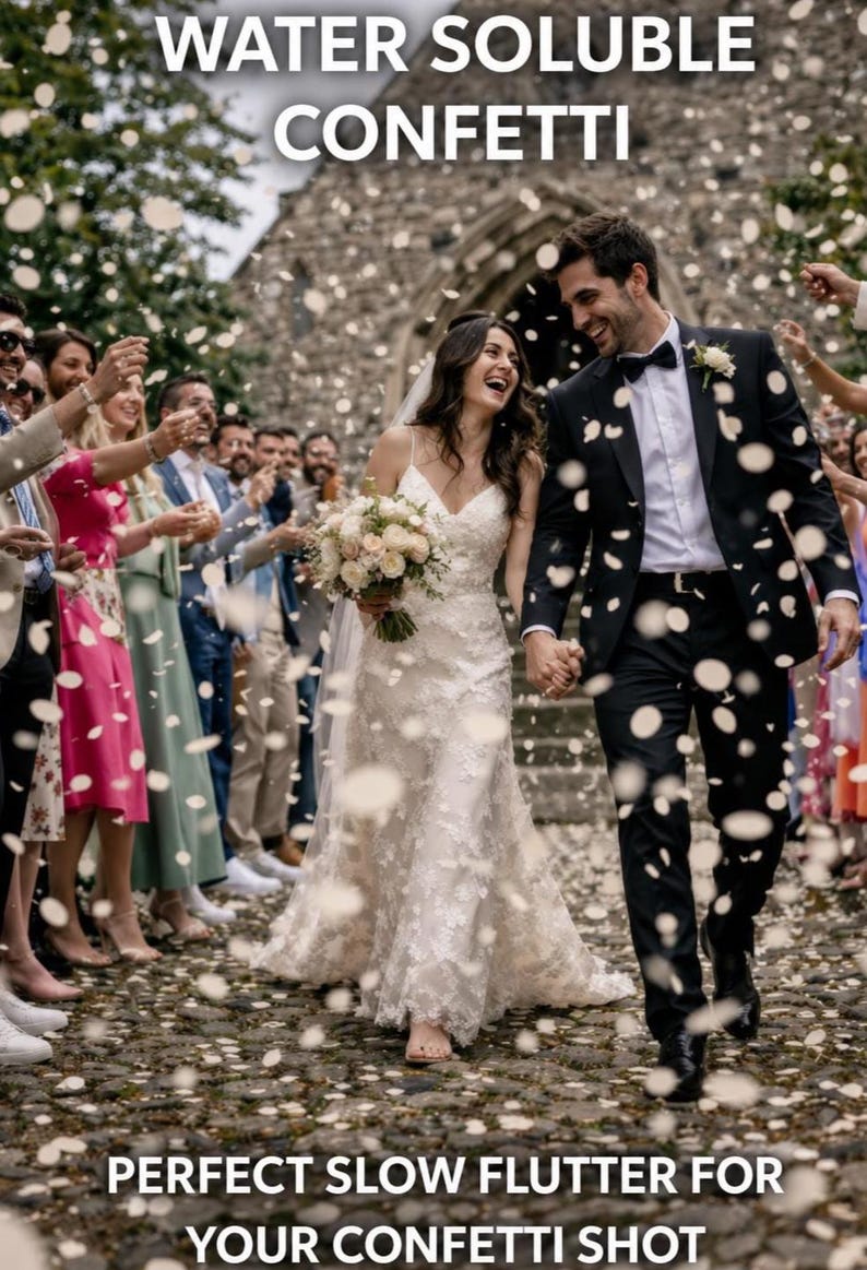 A wedding scene featuring a couple walking through a shower of round white water soluble confetti. WATER SOLUBLE CONFETTI and PERFECT SLOW FLUTTER FOR YOUR CONFETTI SHOT. Biodegradable confetti.