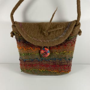 Handmade Felted Crossbody Bag in soft brown with multicolored yarn and floral button/100% wool/very lightweight/7” x 7”, strap 20”L