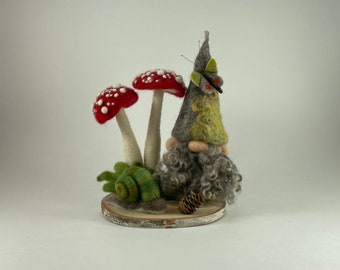 Gnome With Two Red Mushrooms Handmade Felted Scene, with a variegated green snail and little butterfly/100% wool fiber art/whimsical decor