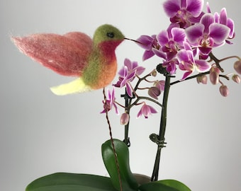 Handmade Hummingbird Needle Felted Plant Stake, flower pot decoration (for indoor use only)/ wool fiber art/Merino & silk fibers/lovely gift