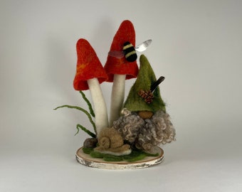 Gnome in Earthy Green Hat Felted Scene/with two red mushrooms, bumblebee and snail/handmade fiber art/whimsical decor/gift for gnome lovers