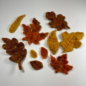 May include: A collection of ten felted wool leaves in various shapes and sizes, featuring autumn colors including shades of brown, orange, and yellow. Each leaf has dark stitched vein details across the surface, creating a textured appearance.
