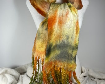 Soft Merino/Silk Blend Cobweb Felted Scarf with Long Wool Locks in beautiful fall harvest colors/hand dyed wool/handmade/soft, lightweight