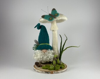 Gnome, Two Critters & Mushroom Needle and Wet Felted Scene in shades of blue-green/handmade fiber art/whimsical decor/real wool