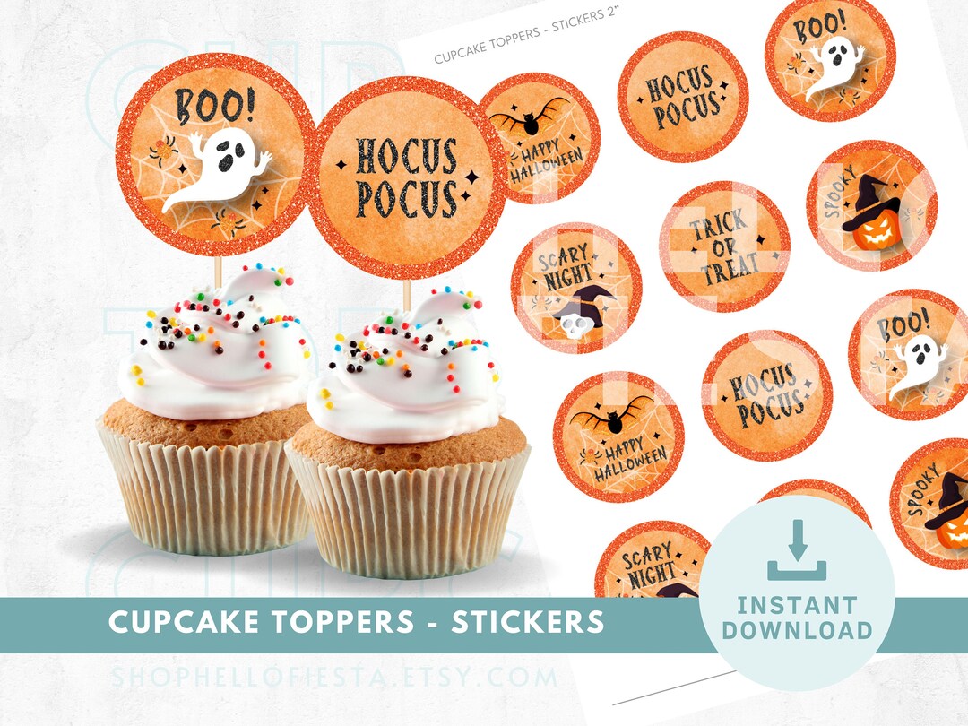 Halloween Cupcake Toppers Trick or Treat Tags Sticker Etsy