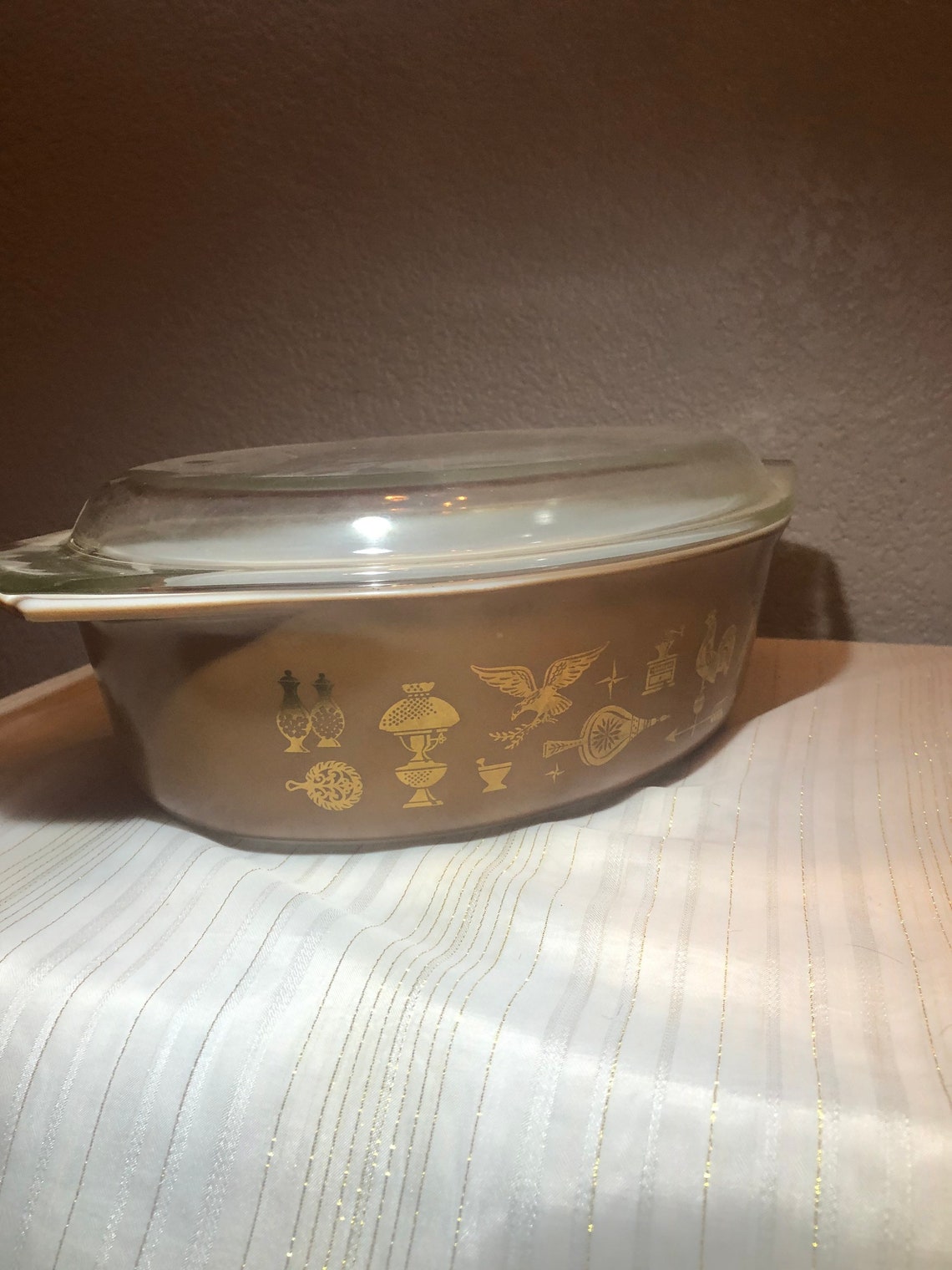 Vintage Pyrex Casserole Dish Brown and Gold 1970s Etsy