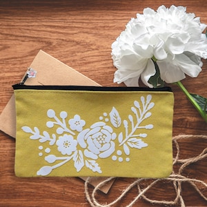 Yellow Canvas Zipper Pouch White Floral Case Make up Bag Mother’s Day Gift