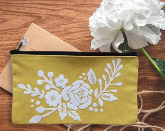 Yellow Canvas Zipper Pouch White Floral Case Make up Bag Mother’s Day Gift