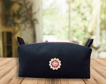 Compact Black Canvas Boxy Zipper Pouch Pencil Case Makeup Bag