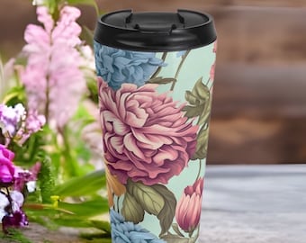Floral Stainless Steel Travel Mug With Lid 15 ounce , Coffee mug, Hot Cold Cup Housewarming Gift for her Mother's Day